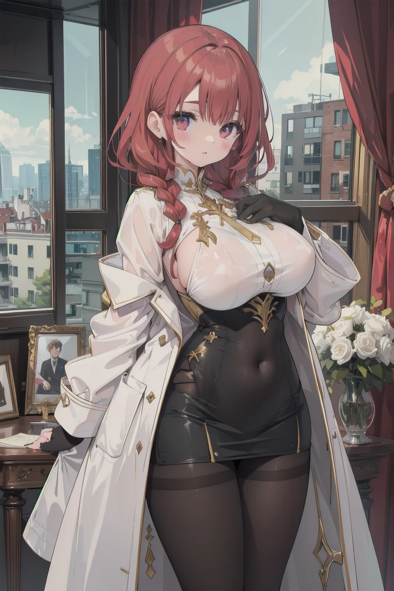 girl, White blouse, mini skirt, Black Pantyhose, white overcoat, Are standing, Glamorous clothing, Complex clothing,, A familiar face, Brown and gold tones, In a luxurious room, window, tall building, Day、Braided Hair、I-cup breasts、Protruding chest、Protruding buttocks、Red color hair