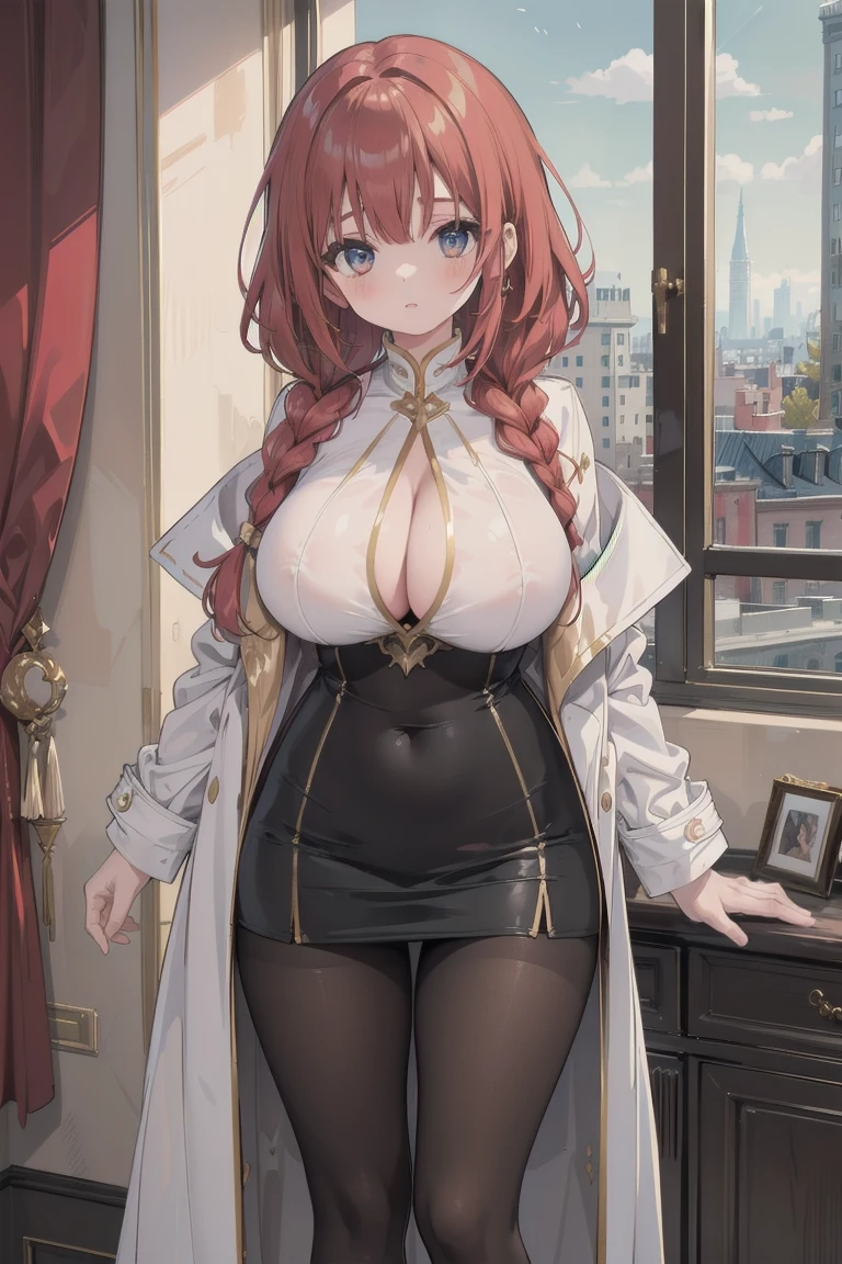 girl, White blouse, mini skirt, Black Pantyhose, white overcoat,  Are standing, Glamorous clothing, Complex clothing,, A familiar face, Brown and gold tones, In a luxurious room, window, tall building, Day、Braided Hair、I-cup breasts、Protruding chest、Protruding buttocks、Red color hair