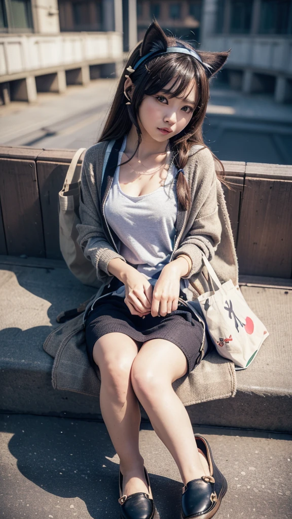 Masterpiece, 4k, Bokeh, beautiful face, (Japanese idle:1.6), (Long cardigan with a t-shirt dress and flats, Casual weekend background,  Canvas tote bag:1.4), (Cat ears:1.3), Sitting on From below, (London:1.5)