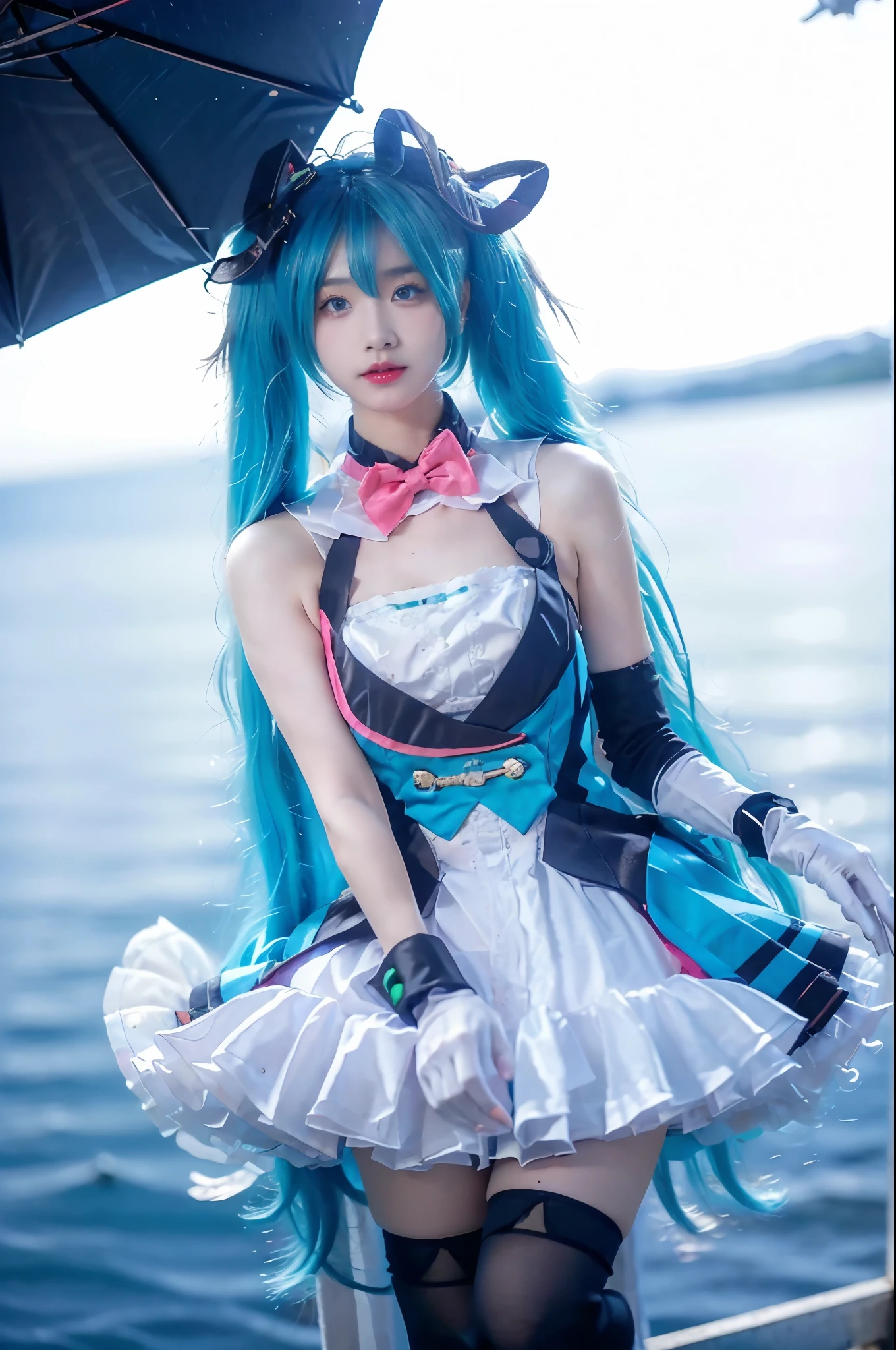 hatsune miku cosplay costume, hatsune miku, magical mirai miku, cosplay, aqua hair, twintails, very long hair, vest, sleeveless dress, frills, asymmetrical gloves, bowtie, mini hat, hair ornament, gloves, wrist cuffs, asymmetrical legwear, vertical-striped thighhighs, shoes beauty, beautiful女人，Have a perfect body：1.4，Layered Hairstyle，((Big breasts)), ((D cup)), Visible cleavage，Bare shoulders, Highly detailed face and skin texture，Double eyelids，Skin Whitening，Long hair，Whitening long legs，Standing by the sea, Fashion girl, Red lips, Sweet maiden, beautiful妆容, detail, lifelike, Very detailed, amazing, beautiful, Young and energetic, high quality，High Definition, rich and colorful，Exquisite, Smooth skin, The skirt is short, Lift the skirt with your hands, Elegant and charming posture, Official Art, Extremely detailed, Movie atmosphere, Soft colors, Natural skin texture,