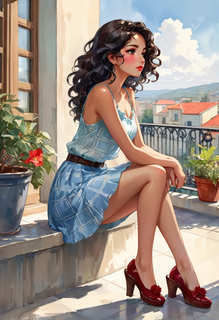 The watercolor style, anime, you requested, with the woman Brazilian, as the focal point of the scene. She is sitting with her back to us on a concrete balcony, with her arms resting on her knees and her black, curly hair falling over her shoulders. She wears a light blue blouse with thin straps and a floral skirt, her lips are striking red, and she wears brown slippers. A brown checkered bag is on the balcony, and the background has a beige wall with a window and pots of plants by Daniel F. Gerhartz