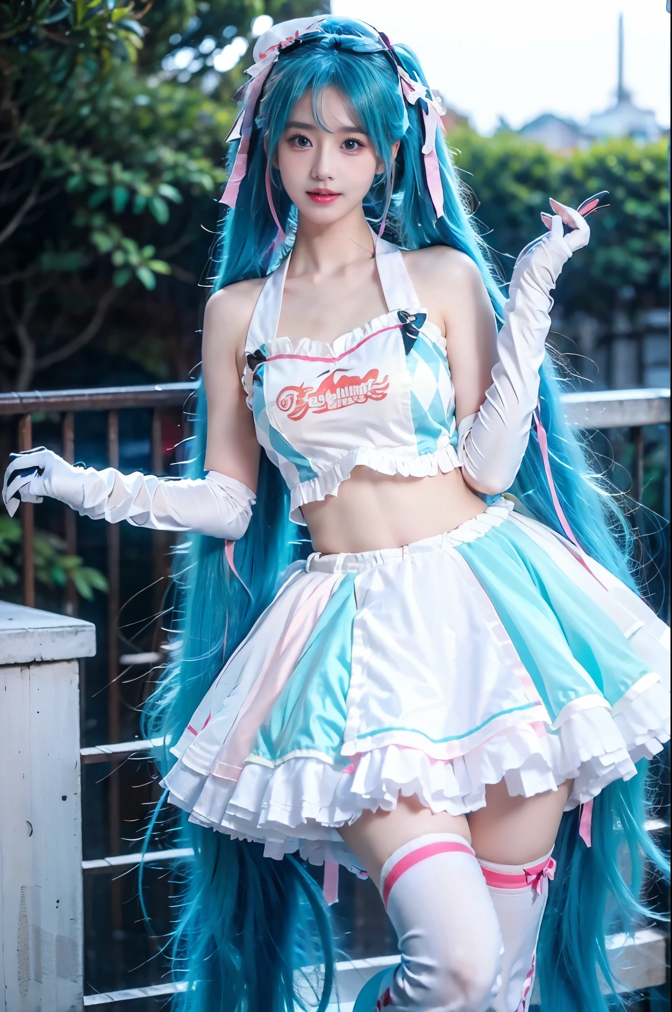 hatsune miku cosplay costume, hatsune miku, racing miku, cosplay, aqua hair, twintails, very long hair, crop top, checkered clothes, midriff, navel, multicolored gloves, elbow gloves, hair ribbon, ribbon, hat, skirt, frilled skirt, thighhighs, print legwear, high heels beauty, beautiful女人，Have a perfect body：1.4，Layered Hairstyle，((Big breasts)), ((D cup)), Visible cleavage，Bare shoulders, Highly detailed face and skin texture，Double eyelids，Skin Whitening，Long hair，Whitening long legs，Standing by the sea, Fashion girl, Red lips, Sweet maiden, beautiful妆容, detail, lifelike, Very detailed, amazing, beautiful, Young and energetic, high quality，High Definition, rich and colorful，Exquisite, Smooth skin, The skirt is short, Lift the skirt with your hands, Elegant and charming posture, Official Art, Extremely detailed, Movie atmosphere, Soft colors, Natural skin texture,