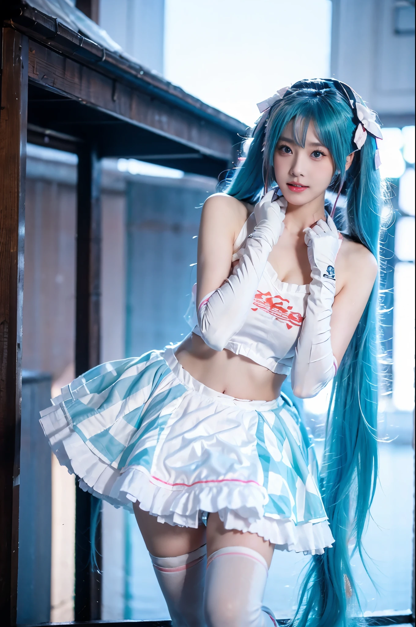 hatsune miku cosplay costume, hatsune miku, racing miku, cosplay, aqua hair, twintails, very long hair, crop top, checkered clothes, midriff, navel, multicolored gloves, elbow gloves, hair ribbon, ribbon, hat, skirt, frilled skirt, thighhighs, print legwear, high heels beauty, beautiful女人，Have a perfect body：1.4，Layered Hairstyle，((Big breasts)), ((D cup)), Visible cleavage，Bare shoulders, Highly detailed face and skin texture，Double eyelids，Skin Whitening，Long hair，Whitening long legs，Standing by the sea, Fashion girl, Red lips, Sweet maiden, beautiful妆容, detail, lifelike, Very detailed, amazing, beautiful, Young and energetic, high quality，High Definition, rich and colorful，Exquisite, Smooth skin, The skirt is short, Lift the skirt with your hands, Elegant and charming posture, Official Art, Extremely detailed, Movie atmosphere, Soft colors, Natural skin texture,