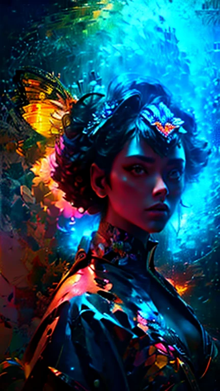 everything is relative on a lacquered black background, neon transparent contour lilies, with beautiful curls, neon multi-colored butterflies on lilies with thin lines, abstraction, beautiful, futurism, design, beautiful, high quality