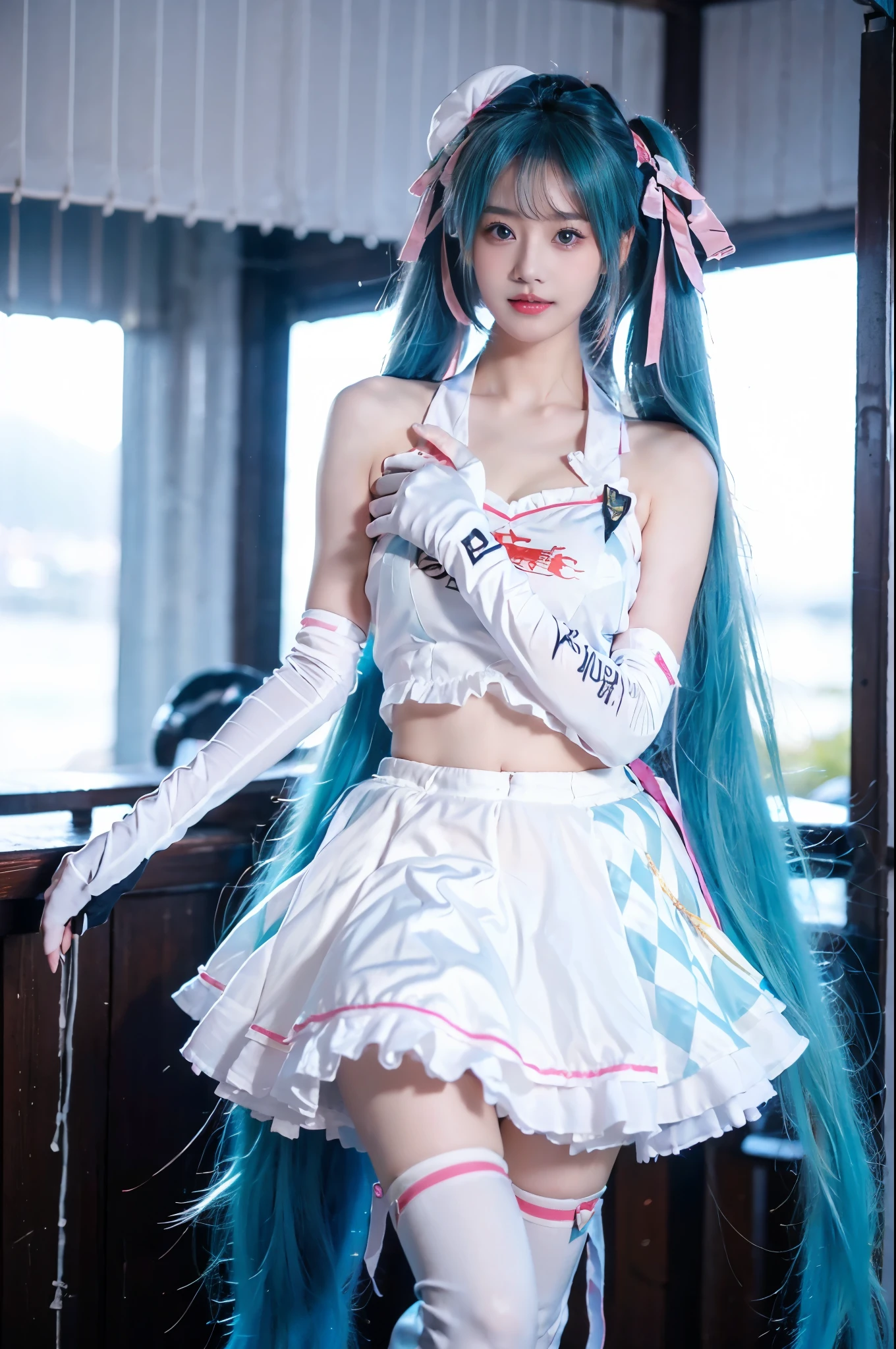 hatsune miku cosplay costume, hatsune miku, racing miku, cosplay, aqua hair, twintails, very long hair, crop top, checkered clothes, midriff, navel, multicolored gloves, elbow gloves, hair ribbon, ribbon, hat, skirt, frilled skirt, thighhighs, print legwear, high heels beauty, beautiful女人，Have a perfect body：1.4，Layered Hairstyle，((Big breasts)), ((D cup)), Visible cleavage，Bare shoulders, Highly detailed face and skin texture，Double eyelids，Skin Whitening，Long hair，Whitening long legs，Standing by the sea, Fashion girl, Red lips, Sweet maiden, beautiful妆容, detail, lifelike, Very detailed, amazing, beautiful, Young and energetic, high quality，High Definition, rich and colorful，Exquisite, Smooth skin, The skirt is short, Lift the skirt with your hands, Elegant and charming posture, Official Art, Extremely detailed, Movie atmosphere, Soft colors, Natural skin texture,