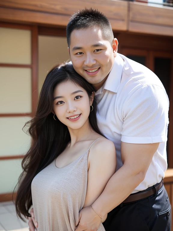 A Chinese man and a young Korean woman, age difference, age difference, giant size, ((40 year old man, kkissg có râu, muscular body, smiling face, body full of hair, hug standing, touch the girl&#39;s chest)), ((18 year old sexy young girl, small size and skinny, long black hairstyle, face red with embarrassment, tư thế tình dục, kiss)), 40 year old man, A young girl, sea, wooden hut, Detailed face, thực tế, ngực, nude, tình dục, see-through tank top, large chest groove, small areola