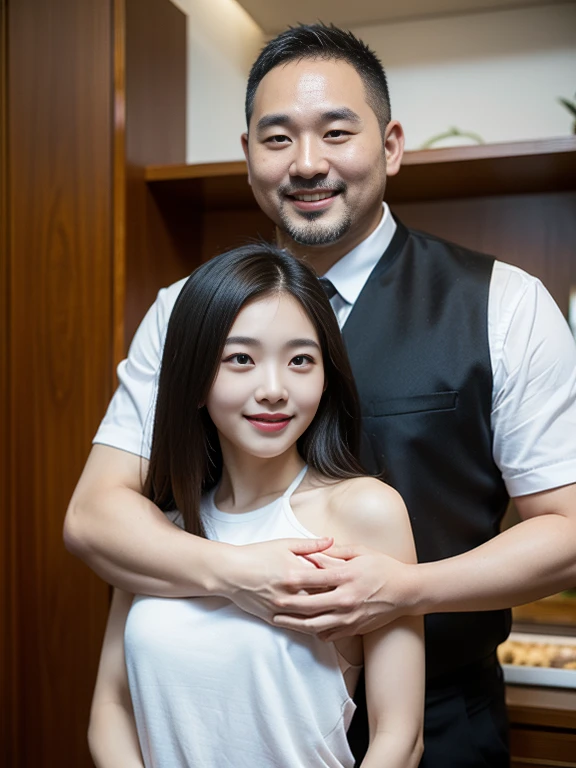 A Chinese man and a young Korean woman, age difference, age difference, giant size, ((40 year old man, kkissg có râu, muscular body, smiling face, body full of hair, hug standing, touch the girl's chest)), ((18 year old sexy young girl, small size and skinny, long black hairstyle, face red with embarrassment, tư thế tình dục, kiss)), 40 year old man, A young girl, sea, wooden hut, Detailed face, thực tế, ngực, nude, tình dục, see-through tank top, large chest groove, small areola