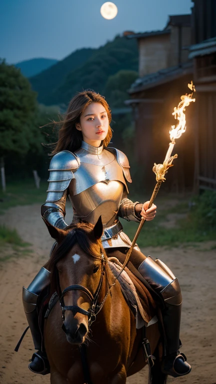 Imitating Joan of Arc from the Middle Ages Wearing robber armor and riding a horse,  Royal blue munt,  holding torch, The horses are also wearing armor, looking viewer, Japanese girl , 16 year old ,(middle hair, brown hair, fringe),(middle breasts, slender whist, middle hip, public hair), (masterpiece, highest quality, Very detailed, Ultra-high resolution, (photopractical:1.4), Original photo, (practical:0.2), 8K HDR,), back castle ,moon-lighting,
