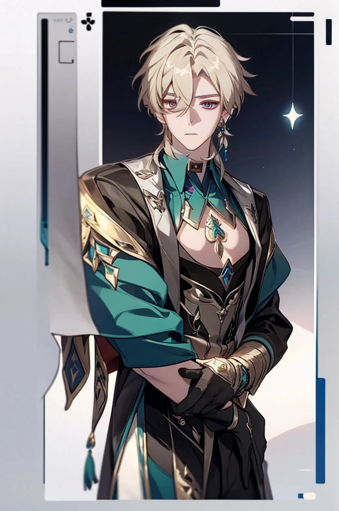 anime - style image of a man sitting on a chair with a sword, casimir art, beautiful androgynous prince, key anime art, tall anime guy with blue eyes, shadowverse style, portrait of magical blond prince, delicate androgynous prince, detailed key anime art, anime key visual of elegant, kawacy, ornate attire, key anime visuals, Side face, masterpiece, best quality,solo,1boy,hair ornament, jewelry,feather hair ornament, black background, blonde hair, aventurine honkai star rail1boy, aventurine, blonde hair, gorgeous, medium hair, (two-tone eyes, purple eyes, blue eyes), best quality, high resolution, materpiece, very detailed, male focus, simple BG, cinematic lighting, smile, Quality,1boy,matured male,Beautiful face, yellow light