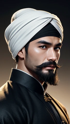 Oriental、Men in ancient Chinese costumes、ancient chinese hairstyle male、Three Kingdoms、intellectual、Highest quality、masterpiece、Ultra-high resolution、(Realistic:1.4)、Game Poster、Crisp and beautiful image quality、Black clothes、White、{Small mustache}、Handsome、Turban wrapped around topknot、