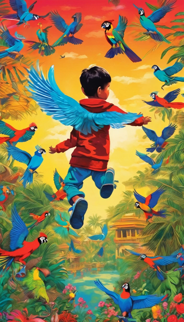 A boy flying with bird, parrots, peacocks, and other bords, brilliant collour, super details, rich colours