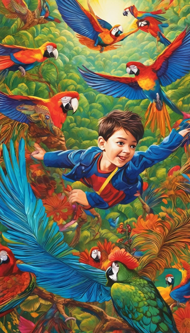 A boy flying with bird, parrots, peacocks, and other bords, brilliant collour, super details, rich colours