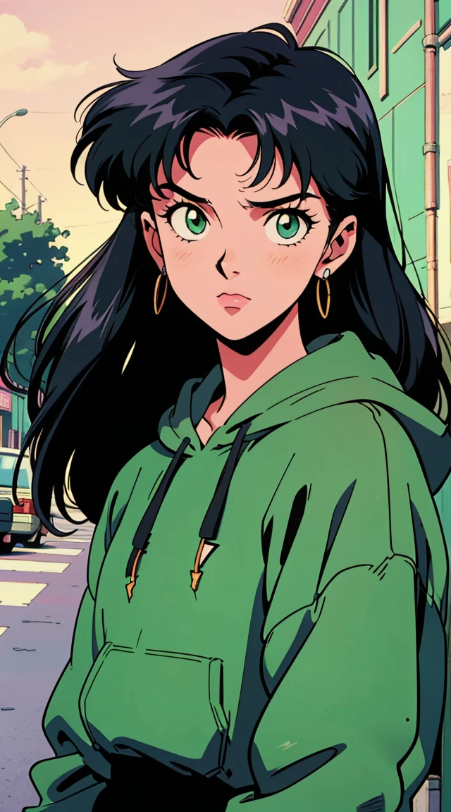 Highest image quality, 90s style anime, 21 year old girl, Misato Katsuragi Style, black hair, long hair, Light green eyes, with a loose hoodie, 90s fashion, busy street, 90s street 