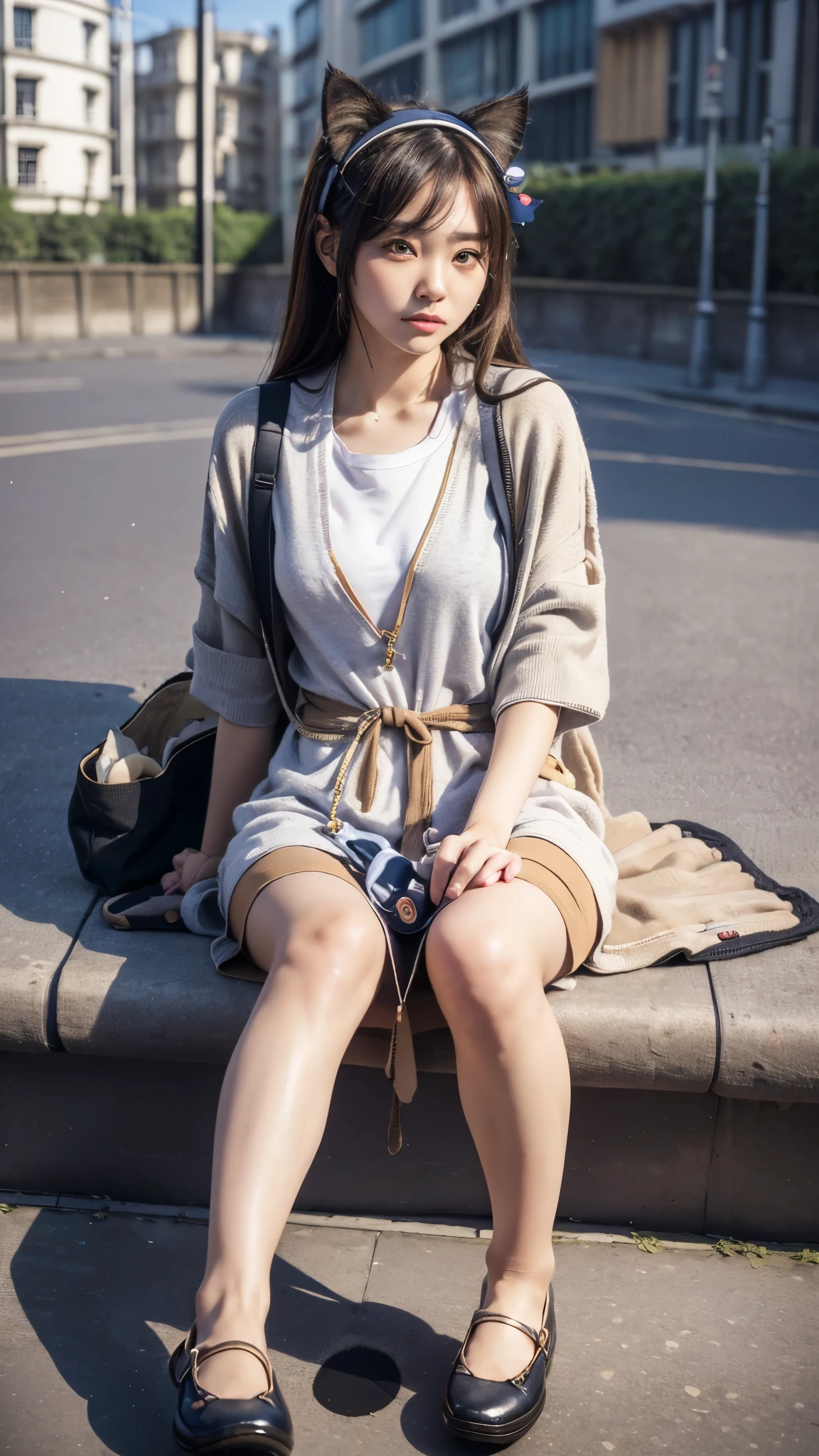 Masterpiece, 4k, Bokeh, beautiful face, (Japanese idle:1.6), (Long cardigan with a t-shirt dress and flats, Casual weekend background,  Canvas tote bag:1.4), (Cat ears:1.3), Sitting on From below, (London:1.5)