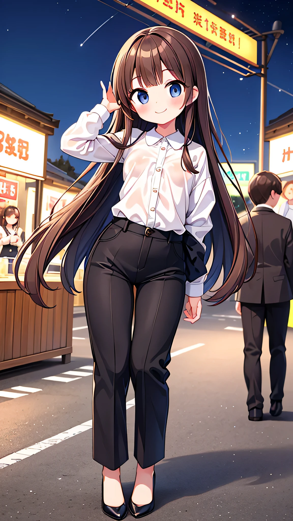 {Highest quality], [Super beautiful], [Ultra fine], [Best illustration], NSFW,Brown Hair, Hime cut, Long Hair, With bangs, girl,OL,WhiteＴshirt,Black long slacks,smile, blush, Slender women, Adult women,Strike a Pose,(Public),Night Park,Summer festival,diagonal, Bare feet and pumps, Plain black pumps