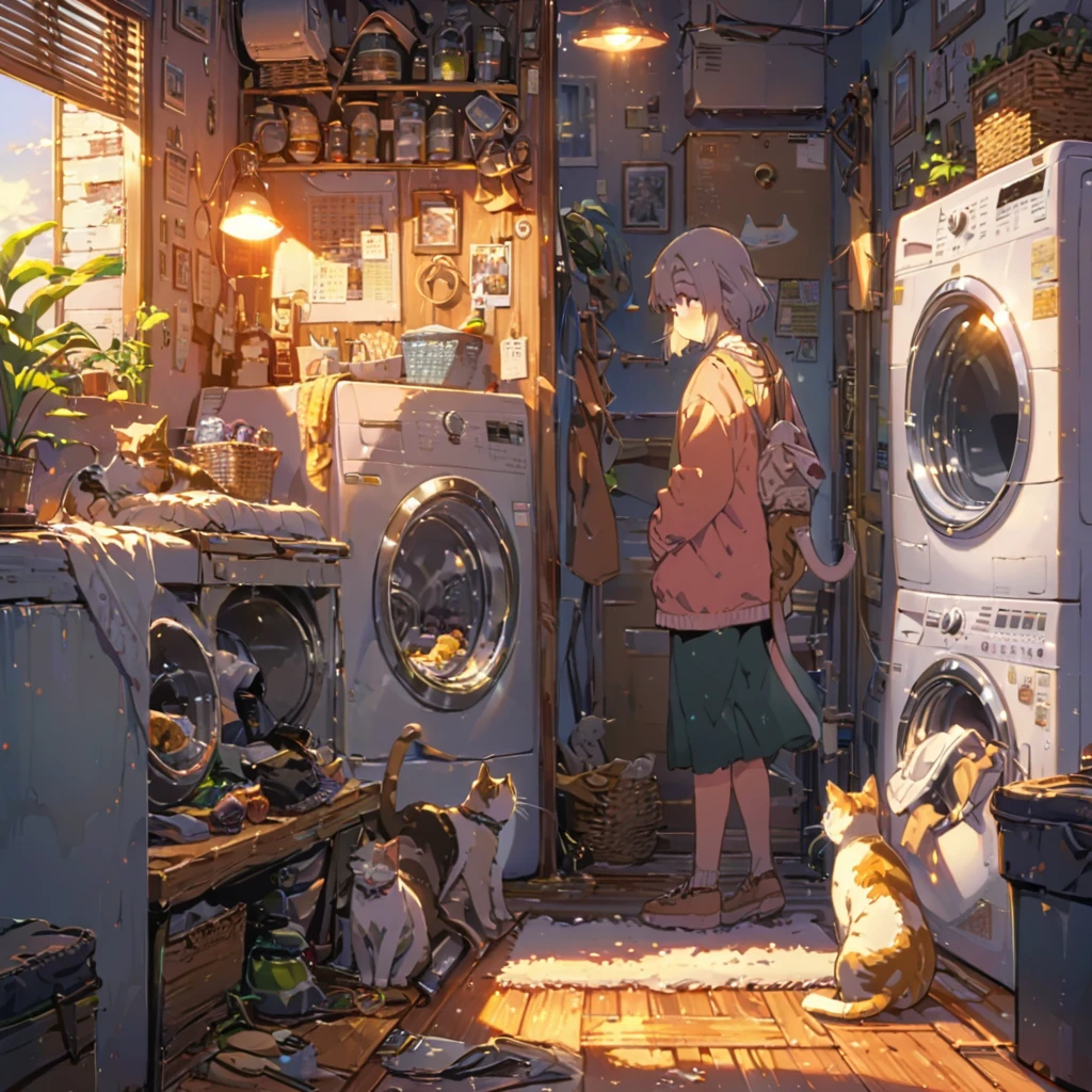 ((anime:1.4,illustration)),(masterpiece, top quality, best quality),(ultra-detailed, absolutely resolution),((16k, high res)), (((retro landory room, washing machine, many wears, cat, a girl wearing lough wears ))), ((anime:1.4, illustration)),(masterpiece, top quality, best quality),(ultra-detailed, absolutely resolution),((16k, high res)) BREAK {lofi art, style of Laurie Greasley, style of Makoto Shinkai, anime aesthetic}, BREAK { (produces images with information than 40 million pixels with cinematic-like detailed textures shot on a Sony SLR).}