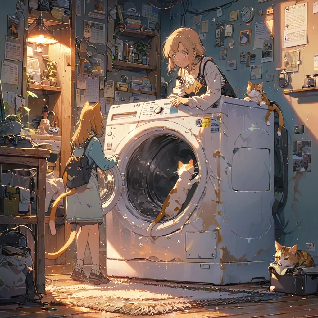 ((anime:1.4,illustration)),(masterpiece, top quality, best quality),(ultra-detailed, absolutely resolution),((16k, high res)), (((retro landory room, washing machine, many wears, cat, a girl wearing lough wears ))), ((anime:1.4, illustration)),(masterpiece, top quality, best quality),(ultra-detailed, absolutely resolution),((16k, high res)) BREAK {lofi art, style of Laurie Greasley, style of Makoto Shinkai, anime aesthetic}, BREAK { (produces images with information than 40 million pixels with cinematic-like detailed textures shot on a Sony SLR).}