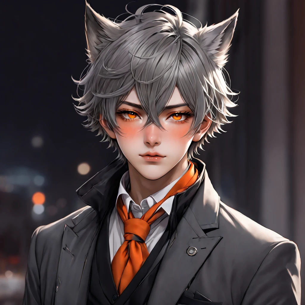 anime boy， Short gray hair,Wolf ears， (((Scars on the face, Pins, )))Gray suit，Orange scarf 