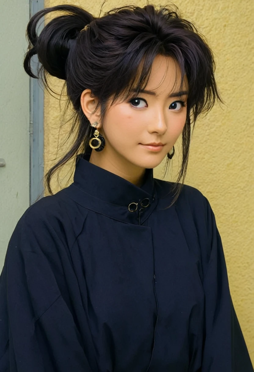 A Ghibli's studio character. With messy hair and dark large clothes. she wear very noticeable earrings and her eyeshadow is big