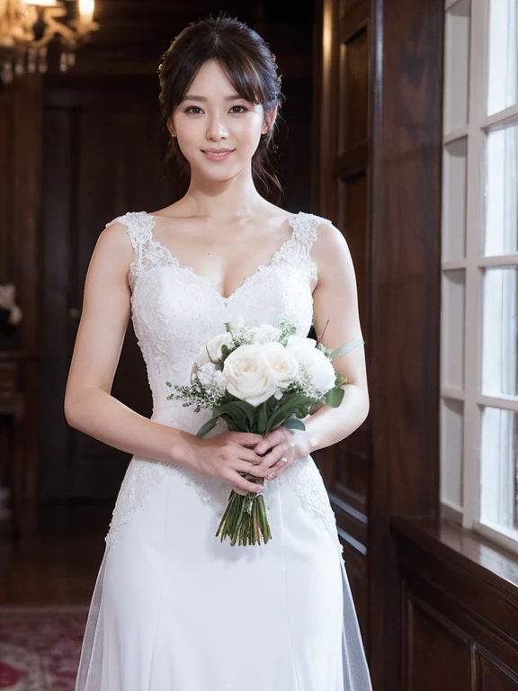 Medium Size Display, Medium Shot, Written boundary depth, Photograph the whole body:1.5, Are standing、Movie angle, masterpiece, Highest quality, Very detailed, CG, 8k wallpaper, Beautiful Face, Delicate eyes, Otome, alone, smile, Navy Blue Dress, bouquet、High heels、Action pose、Taekwondo stance