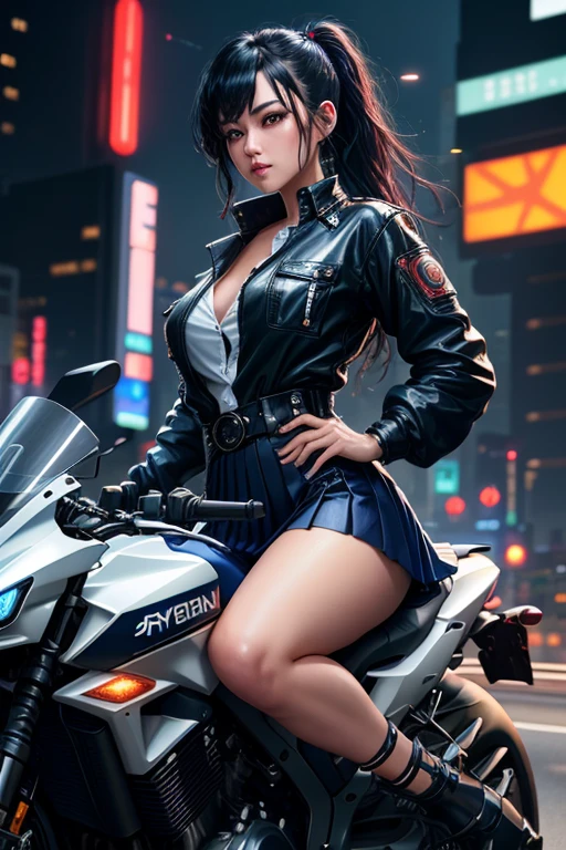 Digital Cyberpunk Art、Highest quality、Ultra-high quality CG Unity 8K、Black Hair Semi-Long、Shiny、Wear a cyberpunk white collared button-up shirt、Wear a cyberpunk navy blue short box pleated skirt、Japanese 、Riding on motorcycle、CBR400Rに乗る、Drive on the highway