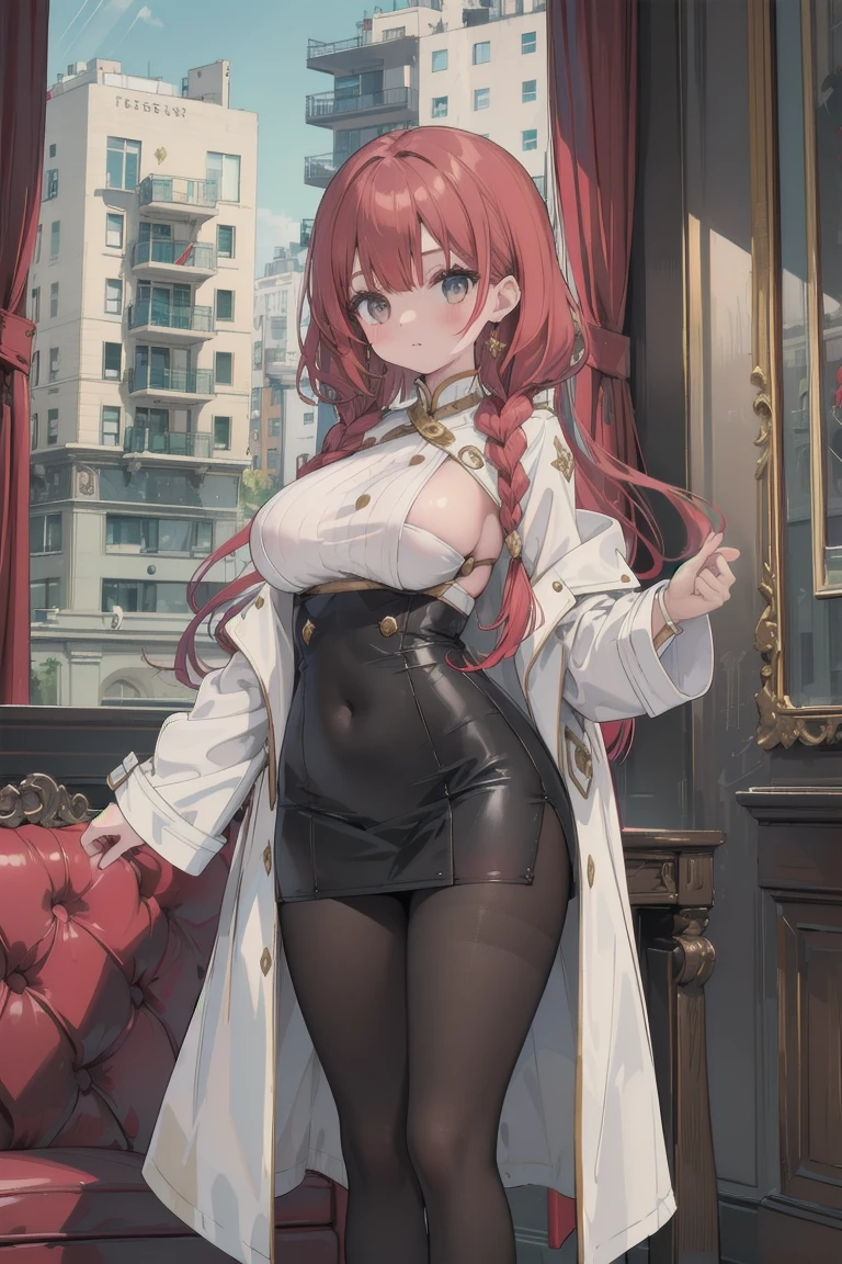 girl, White blouse, mini skirt, Black Pantyhose, white overcoat, Are standing, Glamorous clothing, Complex clothing,, A familiar face, Brown and gold tones, In a luxurious room, window, tall building, Day、Braided Hair、I-cup breasts、Protruding chest、Protruding buttocks、Red color hair