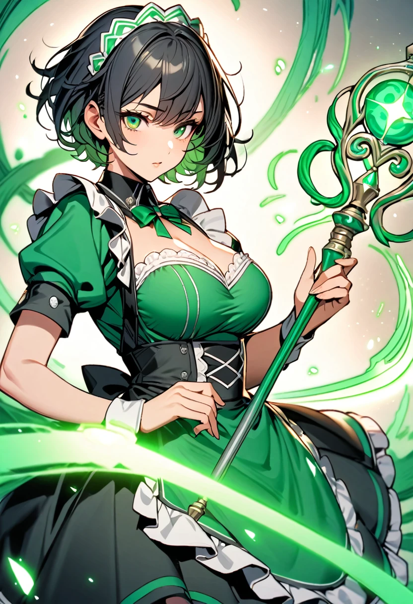 Beautiful, big breasted, single, 1 girl, short hair, black hair, green eyes, maid outfit, black, white and green tones. Huge power swirled like green wood and healing light mixed together. Hand holding a scepter, the magic power resided in the scepter.