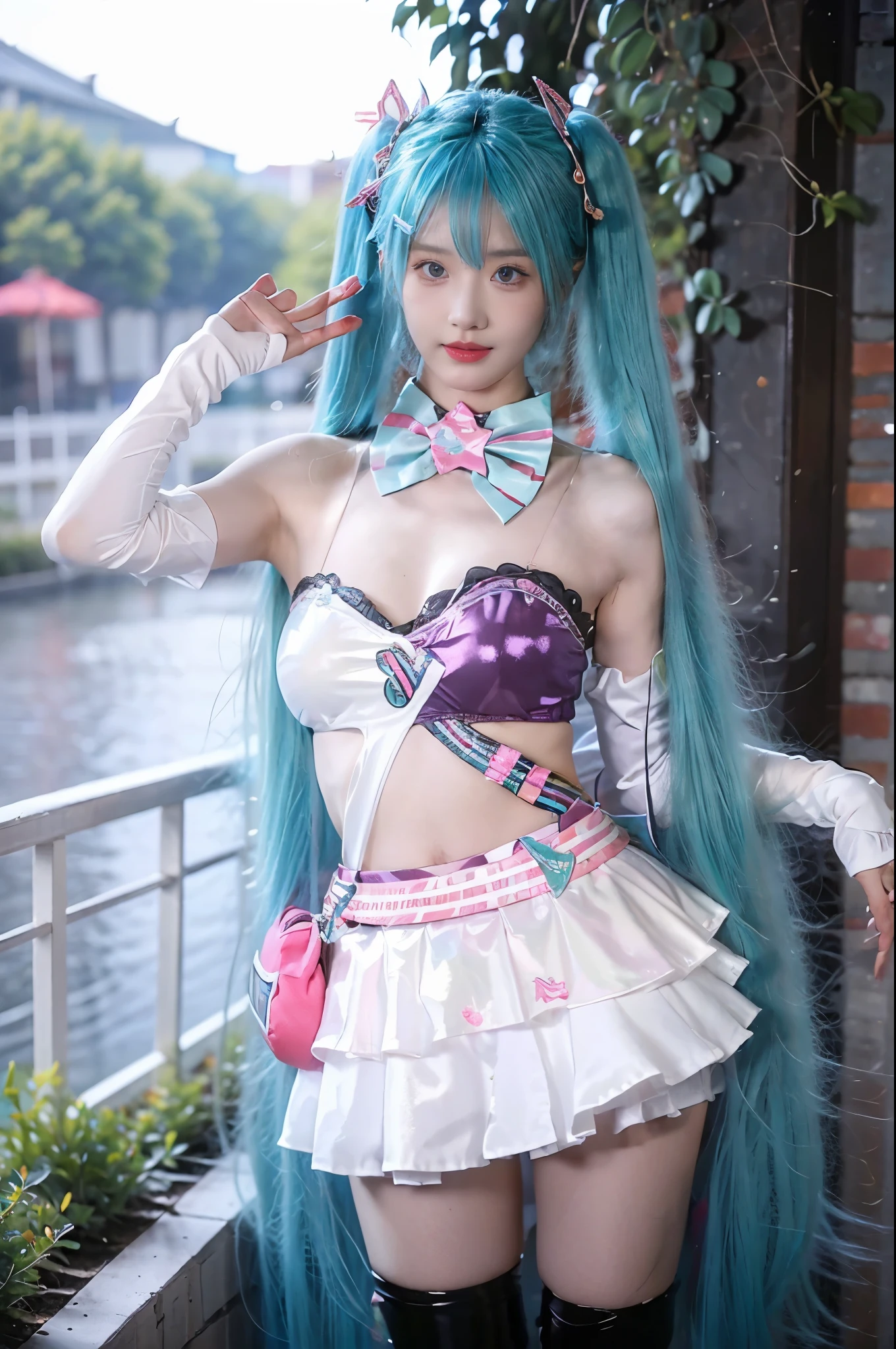 hatsune miku cosplay costume, hatsune miku, cosplay, twintails, aqua hair, long hair, alternate costume, hairclip, hair ornament, tattoo, bra, bowtie, detached collar, detached sleeves, skirt, belt, bag, thigh boots, boots, high heels beauty, beautiful女人，Have a perfect body：1.4，Layered Hairstyle，((Big breasts)), ((D cup)), Visible cleavage，Bare shoulders, Highly detailed face and skin texture，Double eyelids，Skin Whitening，Long hair，Whitening long legs，Standing by the sea, Fashion girl, Red lips, Sweet maiden, beautiful妆容, detail, lifelike, Very detailed, amazing, beautiful, Young and energetic, high quality，High Definition, rich and colorful，Exquisite, Smooth skin, The skirt is short, Lift the skirt with your hands, Elegant and charming posture, Official Art, Extremely detailed, Movie atmosphere, Soft colors, Natural skin texture,