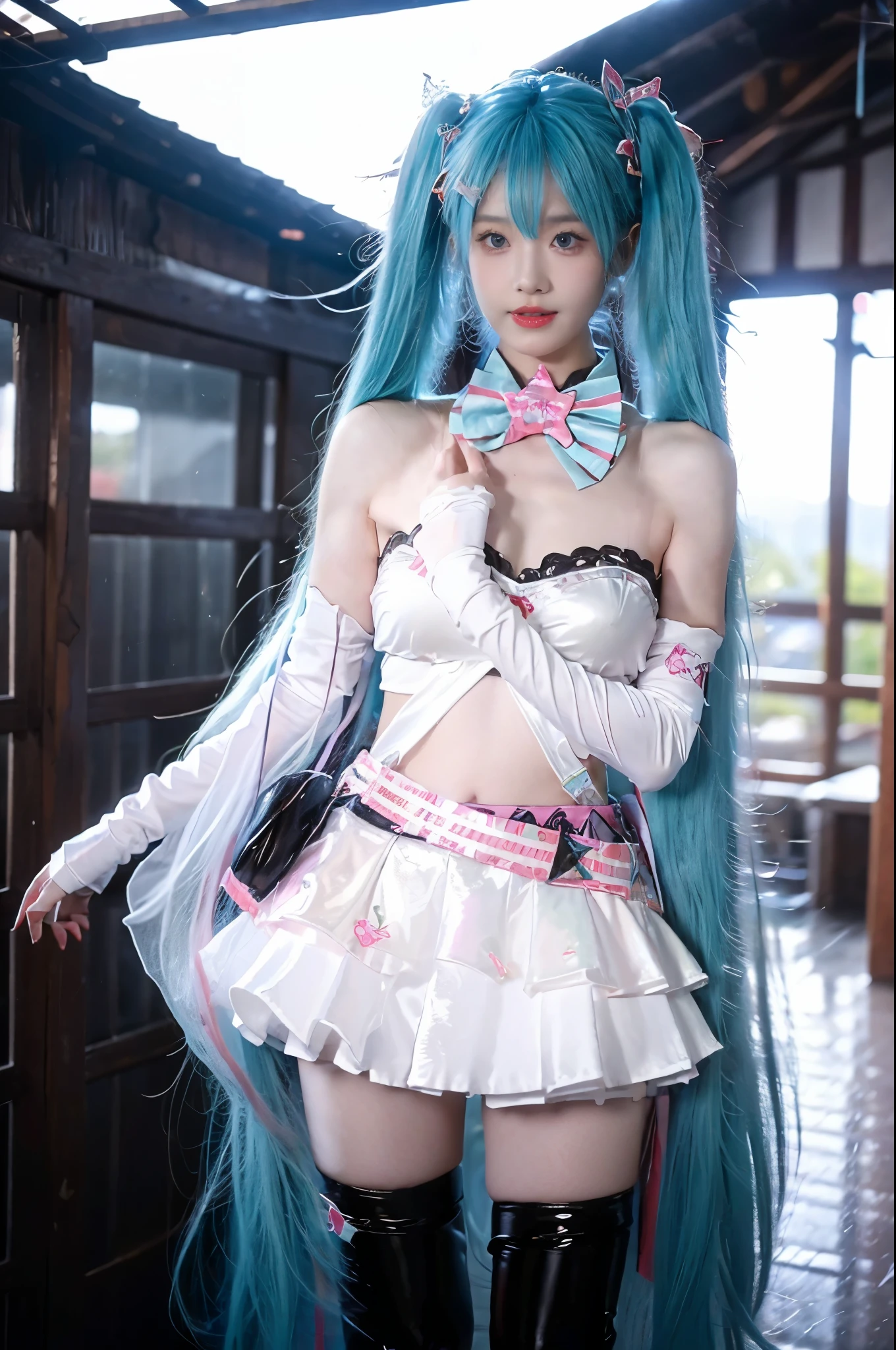 hatsune miku cosplay costume, hatsune miku, cosplay, twintails, aqua hair, long hair, alternate costume, hairclip, hair ornament, tattoo, bra, bowtie, detached collar, detached sleeves, skirt, belt, bag, thigh boots, boots, high heels beauty, beautiful女人，Have a perfect body：1.4，Layered Hairstyle，((Big breasts)), ((D cup)), Visible cleavage，Bare shoulders, Highly detailed face and skin texture，Double eyelids，Skin Whitening，Long hair，Whitening long legs，Standing by the sea, Fashion girl, Red lips, Sweet maiden, beautiful妆容, detail, lifelike, Very detailed, amazing, beautiful, Young and energetic, high quality，High Definition, rich and colorful，Exquisite, Smooth skin, The skirt is short, Lift the skirt with your hands, Elegant and charming posture, Official Art, Extremely detailed, Movie atmosphere, Soft colors, Natural skin texture,