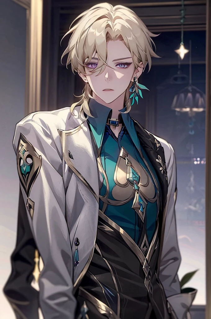 masterpiece, best quality,solo,1boy,hair ornament, jewelry,feather hair ornament, grey background, blonde hair, aventurine honkai star rail1boy, aventurine, blonde hair, gorgeous, medium hair, (two-tone eyes, purple eyes, blue eyes), best quality, high resolution, materpiece, very detailed, male focus