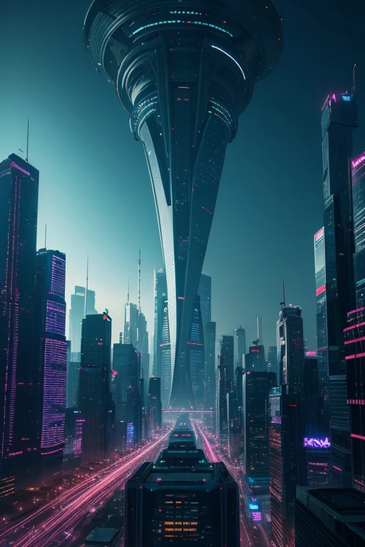 A sprawling city on a distant planet with towering skyscrapers made of glass and metal, glowing with neon lights. Hovering vehicles zip through the air, and alien flora adorns the landscape.