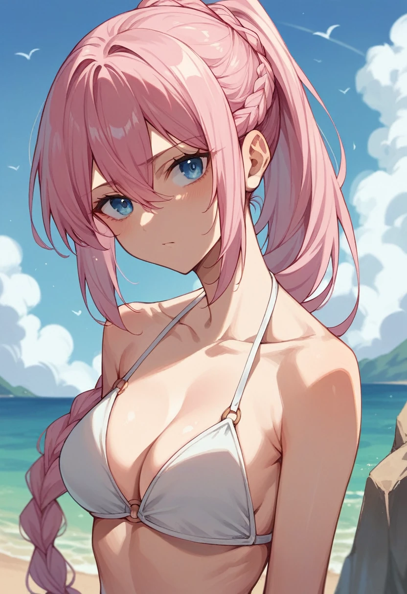 Highest quality、　shikimorisan, pink hair, ponytail, long hair, blue eyes, braid, hair between eyes, bangs、　Seaside、　White Bikini、　slender