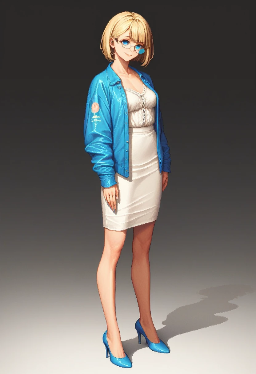 beautiful woman, solo, full body, standing, medium bob cut blonde hair, light blue eyes, two points glasses, medium breasts, blue opened short jacket, white blouse, white long pleats skirt, blue high heels, soft smile, black background, no background, pixel pastel 2d art, matte painting