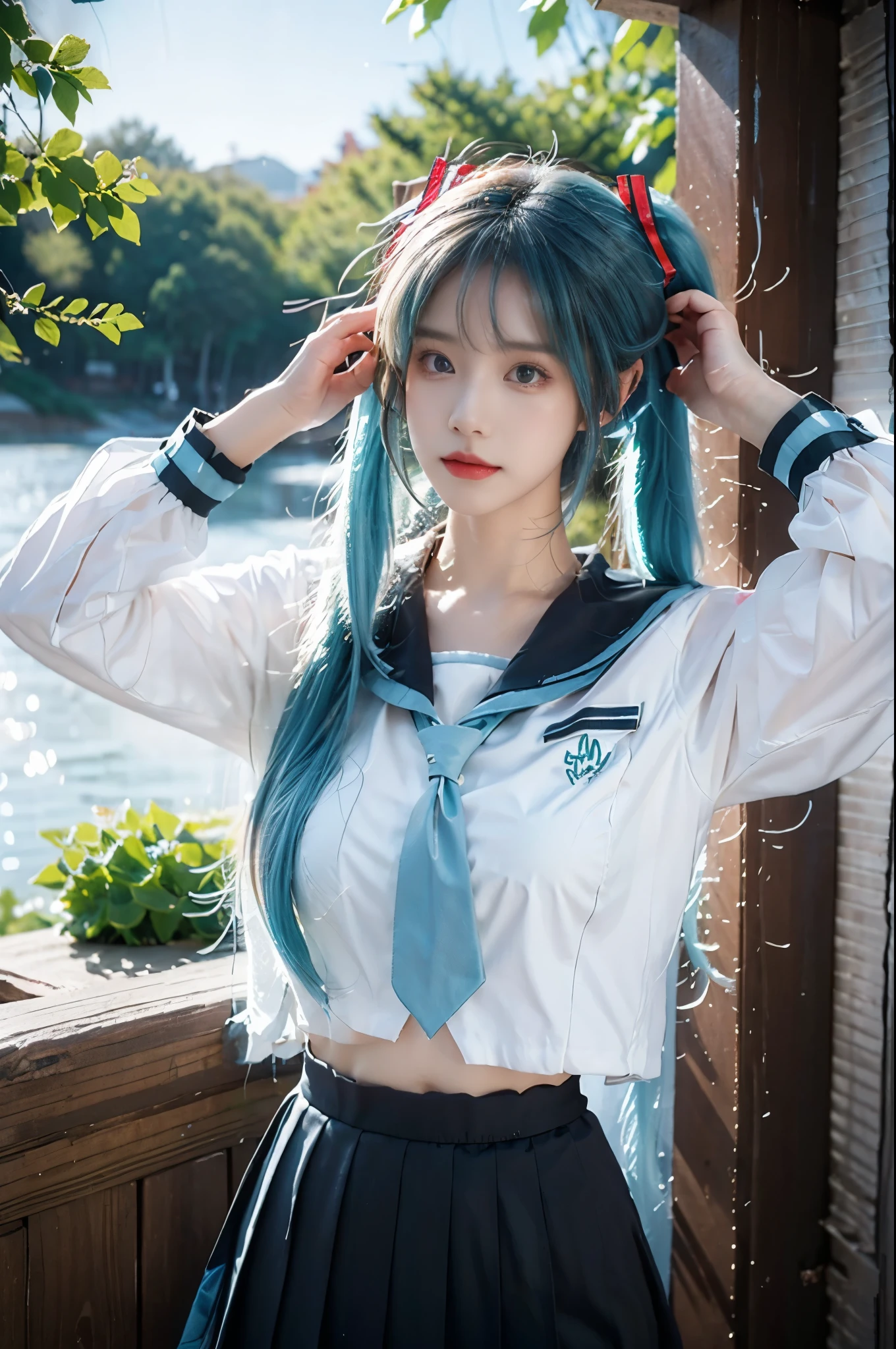 hatsune miku, cosplay, aqua hair, twintails, hair ornament, very long hair, headphones, alternate costume, , sailor collar, serafuku, shirt, long sleeves, necktie, skirt, pleated skirt beauty, beautiful女人，Have a perfect body：1.4，Layered Hairstyle，((Big breasts)), ((D cup)), Visible cleavage，Bare shoulders, Highly detailed face and skin texture，Double eyelids，Skin Whitening，Long hair，Whitening long legs，Standing by the sea, Fashion girl, Red lips, Sweet maiden, beautiful妆容, detail, lifelike, Very detailed, amazing, beautiful, Young and energetic, high quality，High Definition, rich and colorful，Exquisite, Smooth skin, The skirt is short, Lift the skirt with your hands, Elegant and charming posture, Official Art, Extremely detailed, Movie atmosphere, Soft colors, Natural skin texture,