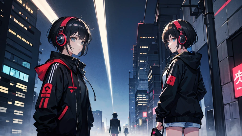 Black short Hair, night, black jacket, Girl looking to the side、 Headphone, cyber punk city, Delicate background、Masterpiece