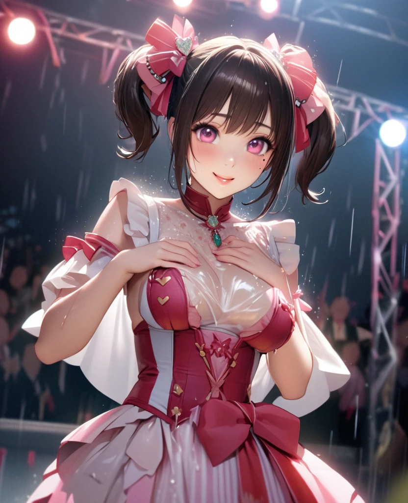 One Girl、Looking at the audience、lovely,
Beautiful pink eyes、short twin tail hair , Mole under the eye、Plump and glossy lips、Heart-shaped choca、Idol、Her name is Rico,smile、ー、。.。.。.。.。.。.。.。.。.。.。.。.。.。.。.。.。.。.3D、Realistic、
The idol's costume was soaked in the heavy rain, and her chest was wet and transparent.Heavy rain at outdoor concert, Drape clothes、gem、The decoration has been removed、Floral、Lace trim,On a glittering stage、
masterpiece、highest quality、8k、Detailed skin texture、Detailed cloth texture、Beautifully detailed face、Intricate details、Very detailed、
超A high resolution、8k Ultra HD、Film Grain、Best Shadow、delicate、Gazing at the audience、front