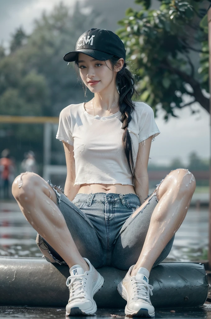 (Extremely meticulous CG),(((8k))),wallpaper,((Extremely refined and beautiful)),(((Masterpiece))),(((best qualtiy))),(((Ultra High Resolution))),realistic shaded,(Smooth and flawless fair skin:1.5),(Extremely exquisite facial details:1.2),(ultra-detailed:1.5),((a beautiful girl,solo)),(White baseball cap:1.5),(short ponytail:1.3),(wet hair:1.5),(small head:1.2),(slender face:1.2),(Exquisite makeup:1.3),(happy:1.2),(laughing:1.2),(perfect body:1.1),(wet:1.5),(sweat:1.3),(shiny skin:1.5),(torn white shirt with short sleeves:1.3),(small breasts:1.3),(flat chest:1.2),(navel:1.2),(torn black gauze pants:1.5),(slender legs:1.2),(sneakers:1.3),((slim,thin)),(from front:1.3),(sitting on the ground:1.3),(arms behind back:1.3),(spread legs apart:1.3),(at the schoolgate:1.5),(urban landscape:1.3),(outdoor:1.3),(summer:1.3),(day scene:1.3),(dark lighting:1.5),(cloudy:1.5),(rainy:1.3),(overcast:1.5),(full body:1.3),(surrounded by crowded crowds:1.5)