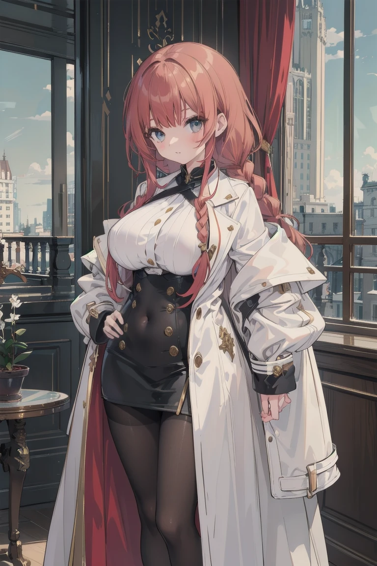 girl, White blouse, mini skirt, Black Pantyhose, white overcoat,  Are standing, Glamorous clothing, Complex clothing,, A familiar face, Brown and gold tones, In a luxurious room, window, tall building, Day、Braided Hair、I-cup breasts、Protruding chest、Protruding buttocks、Red color hair