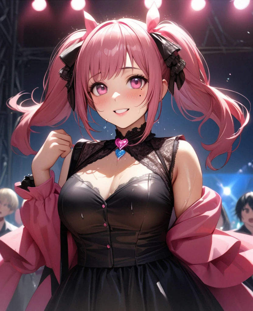 One Girl、Looking at the audience、lovely,
Beautiful pink eyes、short twin tail hair , Mole under the eye、Plump and glossy lips、Heart-shaped choca、Idol、Her name is Rico,smile、ー、。.。.。.。.。.。.。.。.。.。.。.。.。.。.。.。.。.。.3D、Realistic、
The idol's costume was soaked in the heavy rain, and her chest was wet and transparent.Heavy rain at outdoor concert, Drape clothes、gem、The decoration has been removed、Floral、Lace trim,On a glittering stage、
masterpiece、highest quality、8k、Detailed skin texture、Detailed cloth texture、Beautifully detailed face、Intricate details、Very detailed、
超A high resolution、8k Ultra HD、Film Grain、Best Shadow、delicate、Gazing at the audience、front