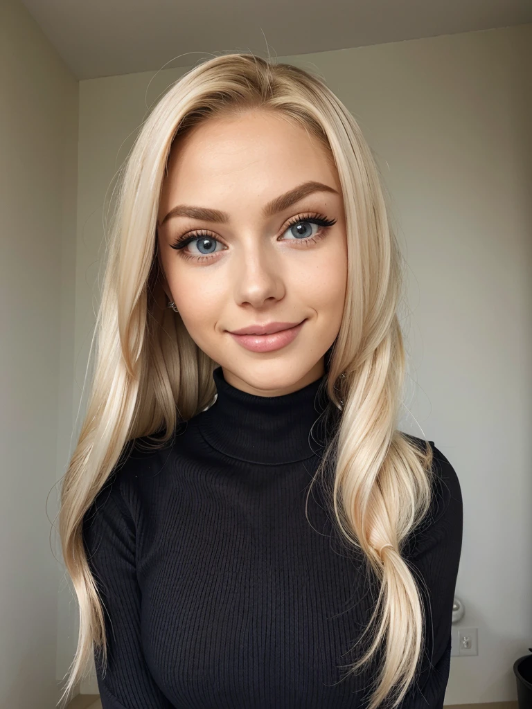 photo of a nympho sexy complete platinum blonde barbie bimbo cute young teen prostitute with fake eyelashes and plump enhanced lips, very long hair with hair extensions, perfect bimbo gorgeous babe. She wears: (turtleneck soft high ribbed dark brown keyhole chest cutout sweater:1.1), submissive seductive pose, high tight ribbed neck, seductive smile, perfect fake tits