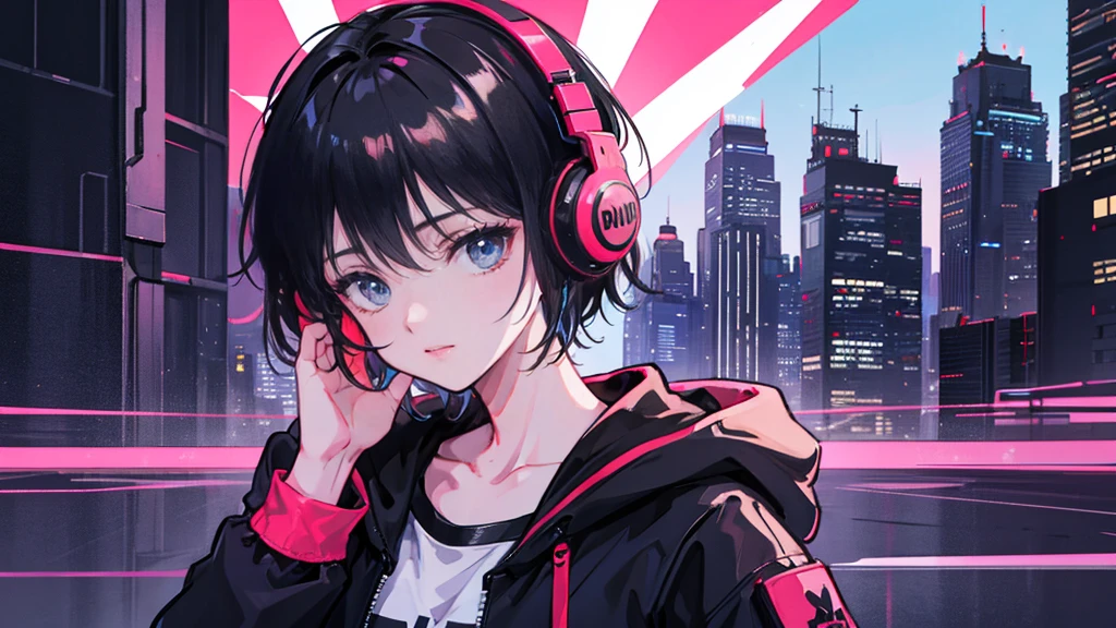 Black short Hair, night, black jacket, One Woman Headphone, cyber punk city, Delicate background、Masterpiece