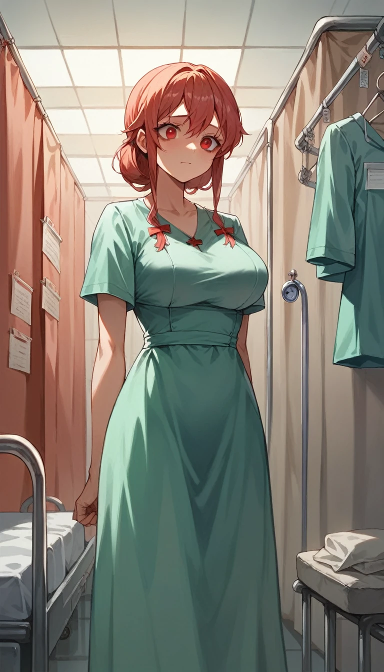 anime_still, masterpiece, best quality, 1girl, Gasai Yuno,large breasts, red eyes, (hospital gown:1.5), Psychiatric hospital, insane, ((padded room)), asylum,