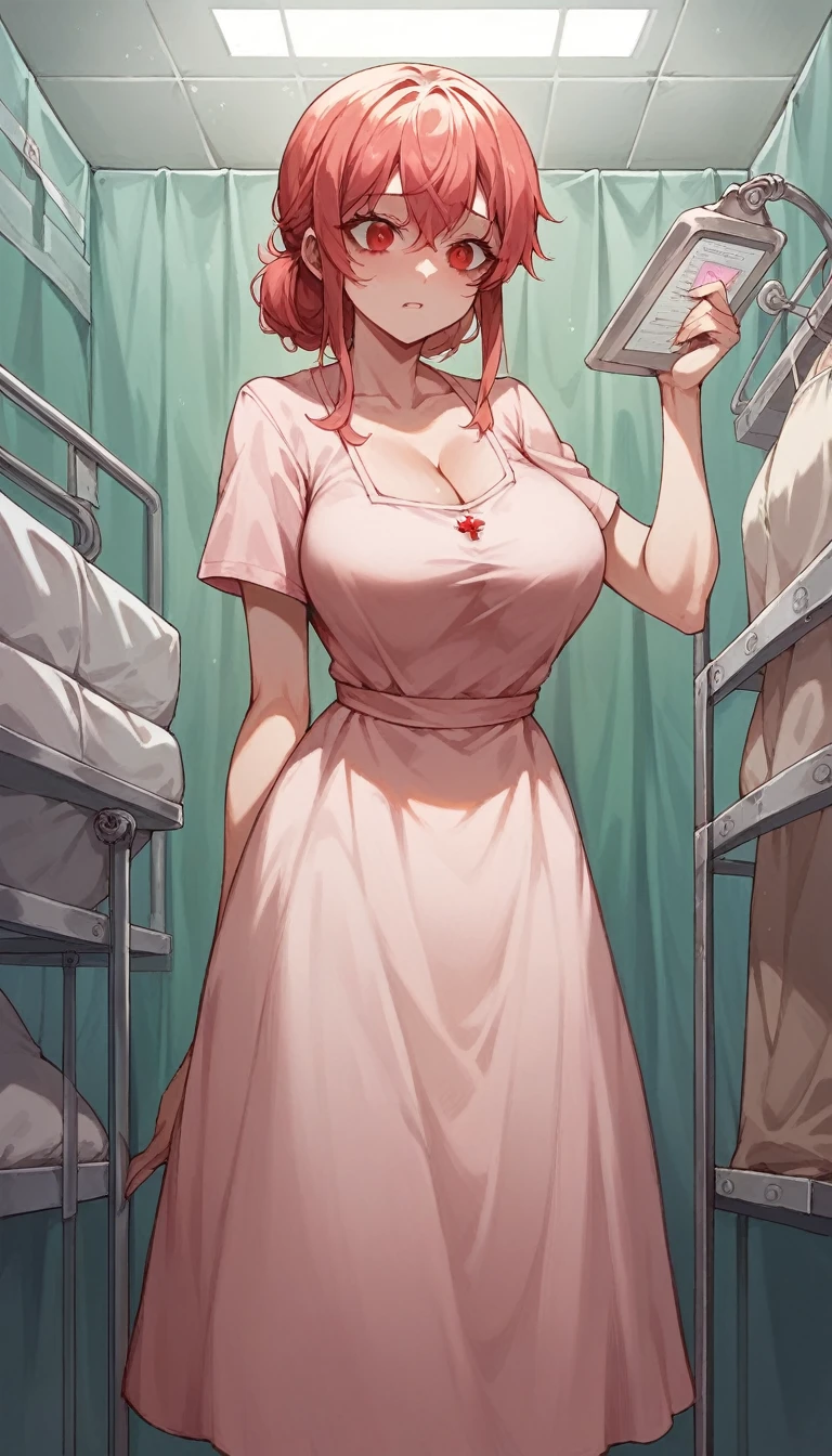 anime_still, masterpiece, best quality, 1girl, Gasai Yuno,large breasts, red eyes, (hospital gown:1.5), Psychiatric hospital, insane, ((padded room)), asylum,