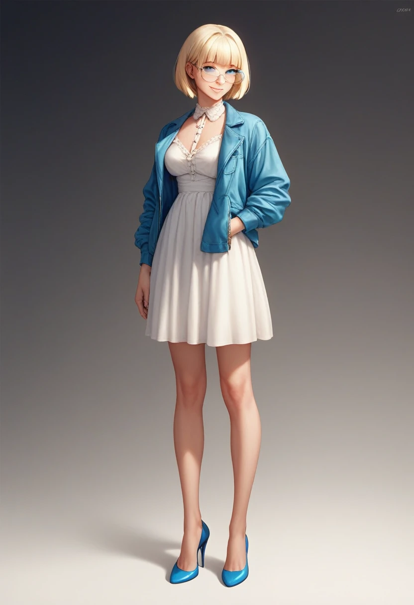 beautiful woman, solo, full body, standing, medium bob cut blonde hair, light blue eyes, two points glasses, medium breasts, blue opened short jacket, white blouse, white long pleats skirt, blue high heels, soft smile, black background, no background, pastel 2d art, matte painting