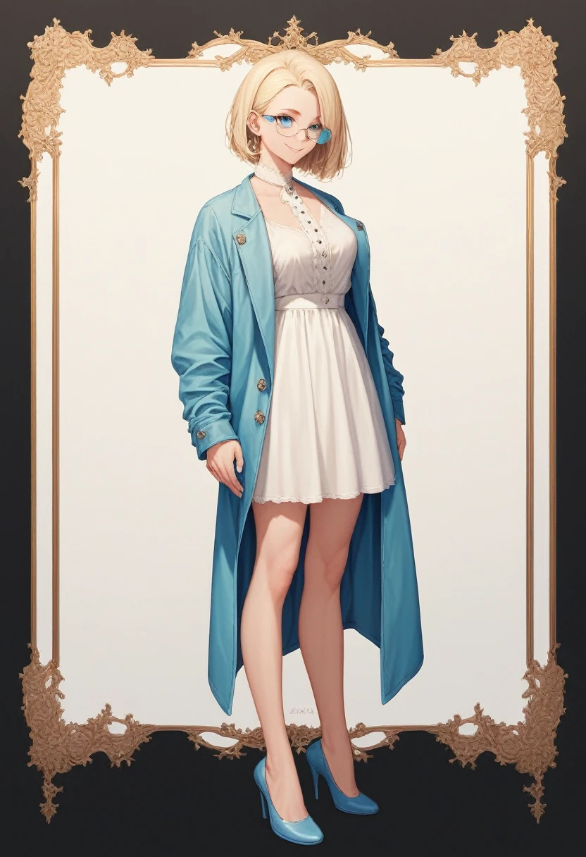 beautiful woman, solo, full body, standing, medium bob cut blonde hair, light blue eyes, two points glasses, medium breasts, blue opened short jacket, white blouse, white long pleats skirt, blue high heels, soft smile, black background, no background, pastel 2d art, matte painting