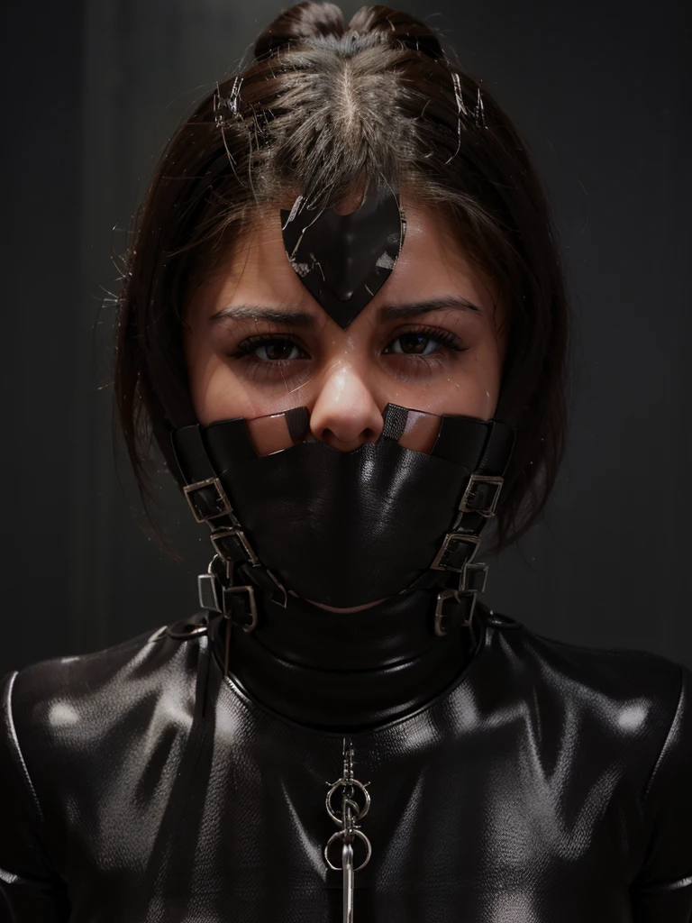 (Selena Gomez, bdsm, bondage, muzzle covering mouth, drool dripping, drool dangling, breathplay), 8k, realistic, drooling, pleading eyes, dripping wet, waiting to be tortured, cleavage, muzzle harness, drool all over face, drool all over breasts, breath control, muzzled, sweating, exact likeness 