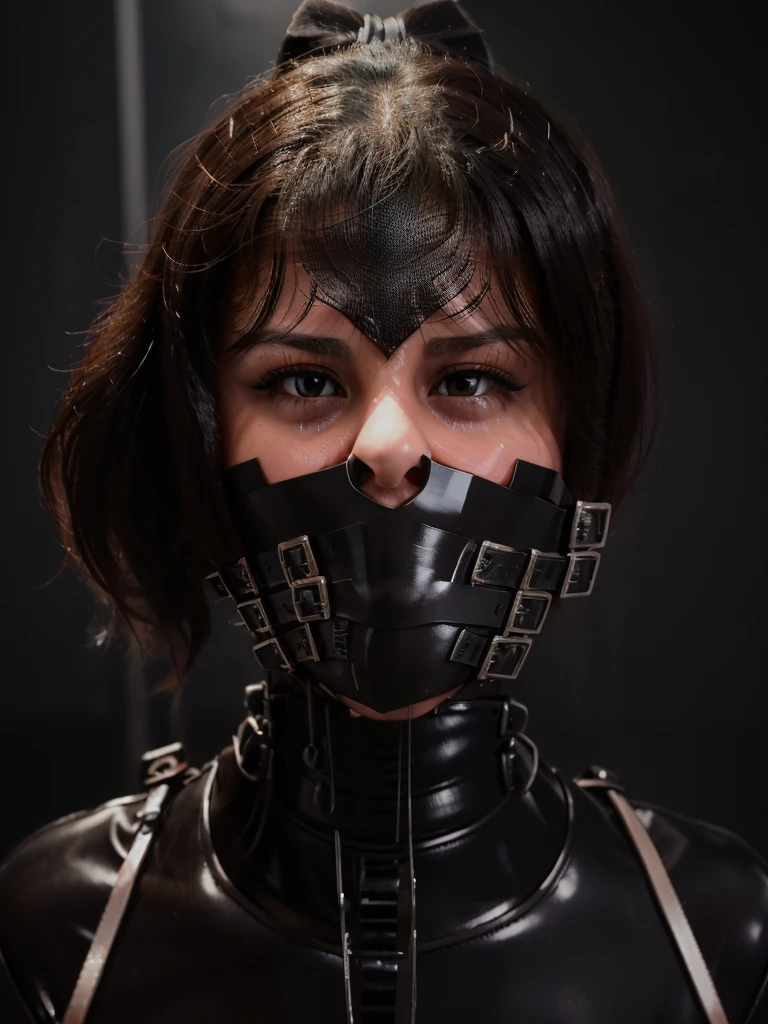 (Selena Gomez, bdsm, bondage, muzzle covering mouth, drool dripping, drool dangling, breathplay), 8k, realistic, drooling, pleading eyes, dripping wet, waiting to be tortured, cleavage, muzzle harness, drool all over face, drool all over breasts, breath control, muzzled, sweating, exact likeness 