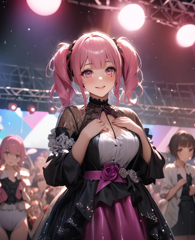 One Girl、Looking at the audience、lovely,
Beautiful pink eyes、short twin tail hair , Mole under the eye、Plump and glossy lips、Heart-shaped choca、Idol、Her name is Rico,smile、ー、。.。.。.。.。.。.。.。.。.。.。.。.。.。.。.。.。.。.3D、Realistic、
The idol's costume was soaked in the heavy rain, and her chest was wet and transparent.Heavy rain at outdoor concert, Drape clothes、gem、The decoration has been removed、Floral、Lace trim,On a glittering stage、
masterpiece、highest quality、8k、Detailed skin texture、Detailed cloth texture、Beautifully detailed face、Intricate details、Very detailed、
超A high resolution、8k Ultra HD、Film Grain、Best Shadow、delicate、Gazing at the audience、front