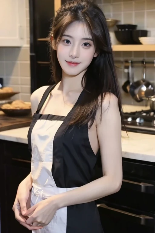 ((best quality)), ((masterpiece)), (detailed), 1girl, beautiful straight black long hair , seductive gaze ,perfect body , kitchen Apron , baking cookies , 