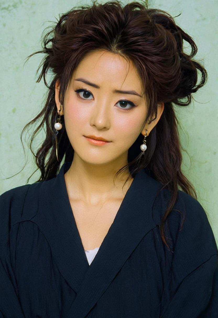 A Ghibli's studio character. With messy hair and dark large clothes. she wear very noticeable earrings and her eyeshadow is just a trait of blood